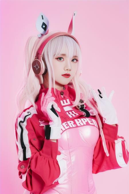 00475-954814515-best quality, masterpiece, 1girl,_lora_Nikke_Alice_1_ ,solo,pink background,bodysuit,white hair, headphones, holding weapon,.png